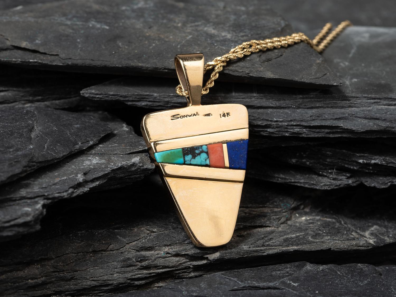 14K Gold and Mosaic Inlay Shield Pendant
