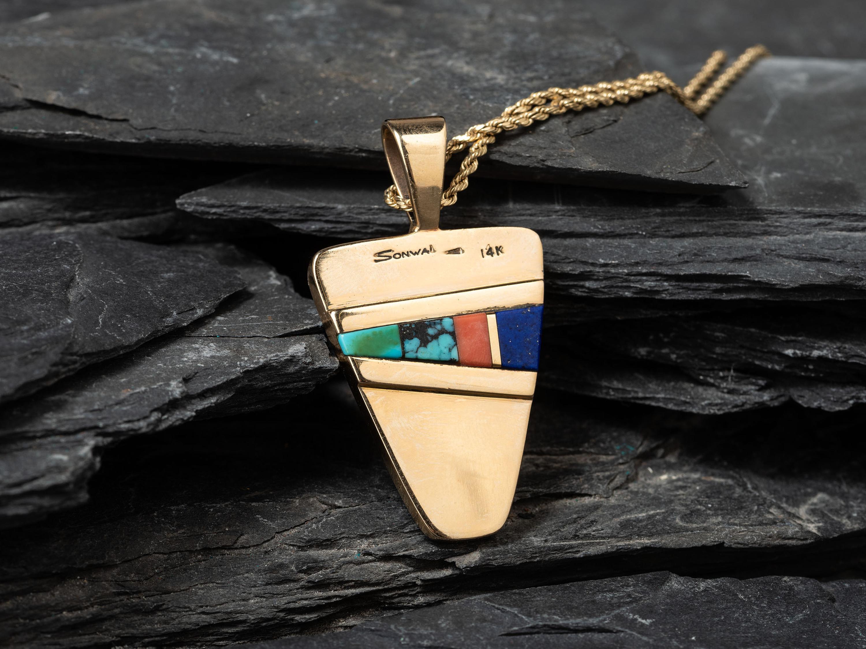 14K Gold and Mosaic Inlay Shield Pendant