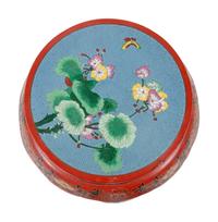 A Chinese Export Cloisonné Inset and Red Lacquered Jardinière Stand
