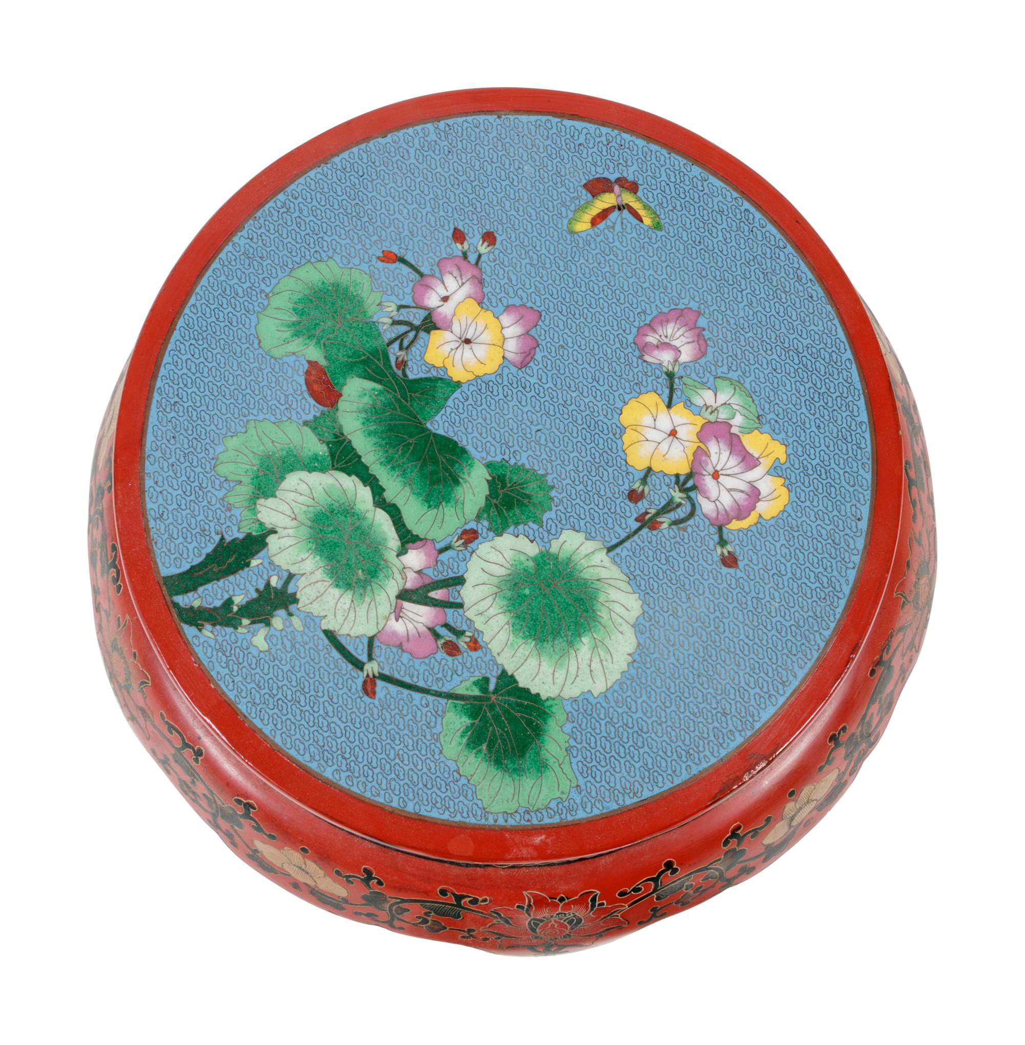 A Chinese Export Cloisonné Inset and Red Lacquered Jardinière Stand