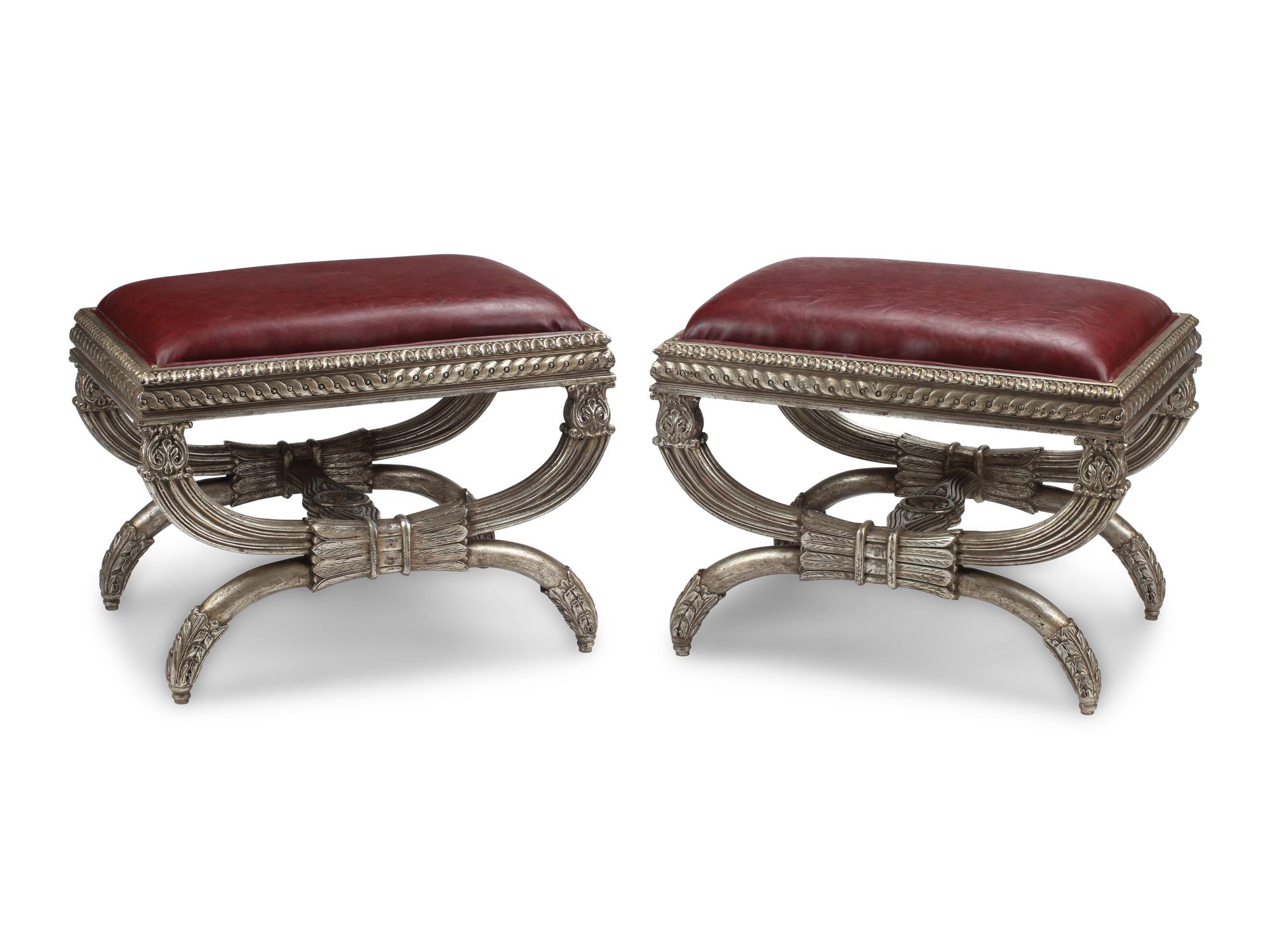 A Pair of Italian Neoclassical Style Silvered Wood Stools