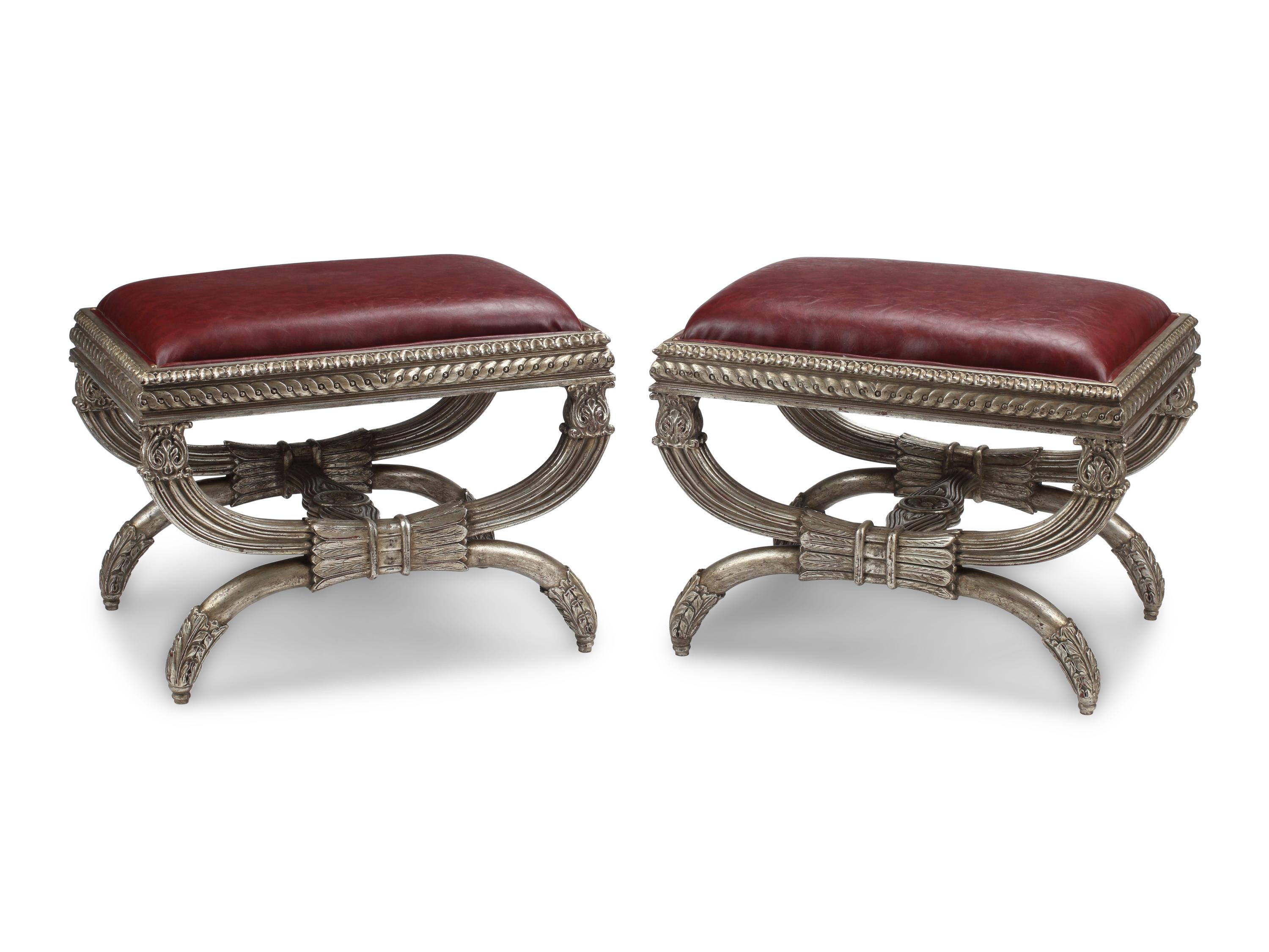 A Pair of Italian Neoclassical Style Silvered Wood Stools