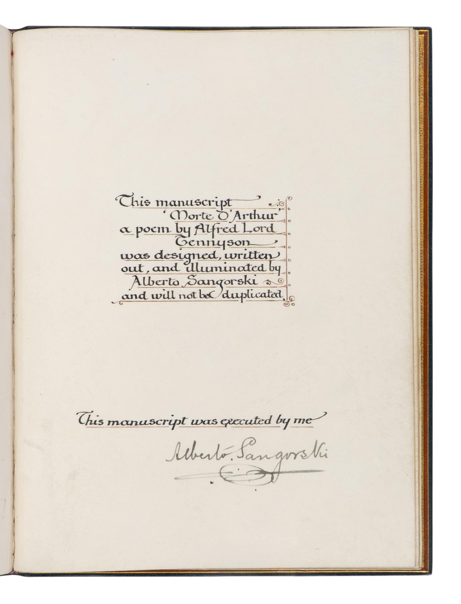 [CALLIGRAPHIC MANUSCRIPT]. SANGORSKI, Alberto, calligrapher and illuminator. -- TENNYSON, Alfred, Lord (1809-1892). Le Morte d'Arthur . [London, ca 1910].