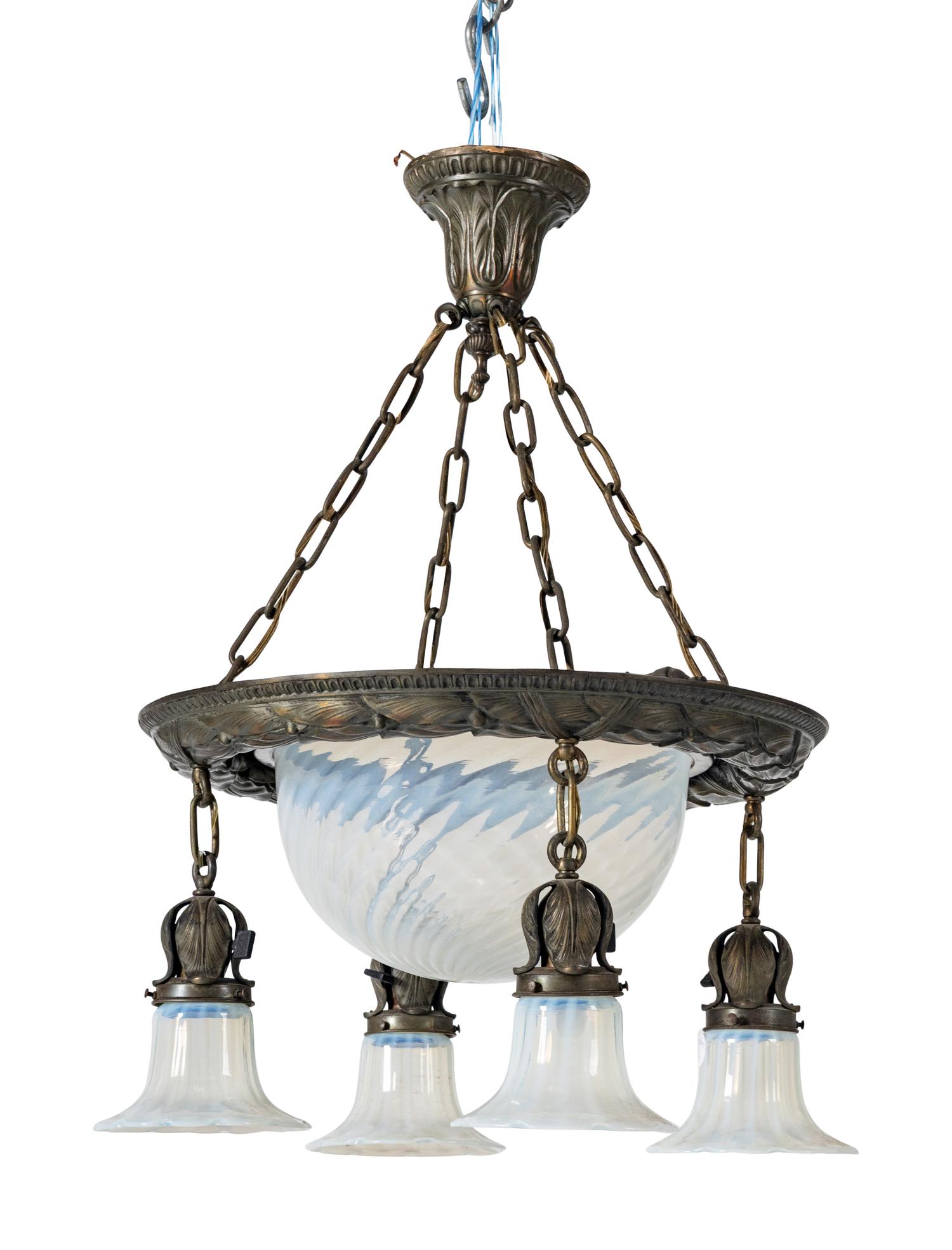 A Hammered Metal and Opalescent Glass Chandelier