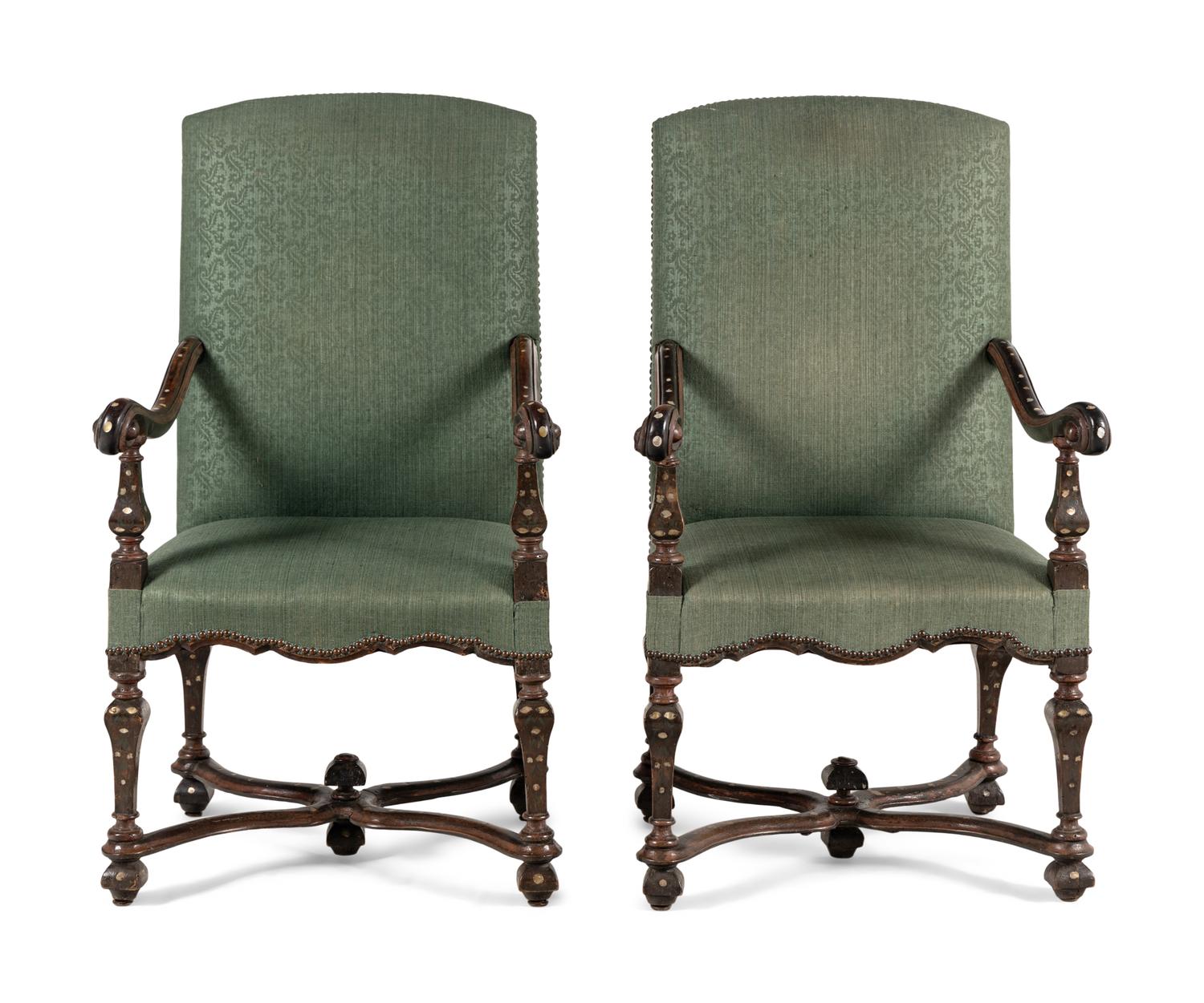A Pair of Louis XIV Walnut and Shell-Inlaid Fauteuils