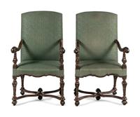 A Pair of Louis XIV Walnut and Shell-Inlaid Fauteuils