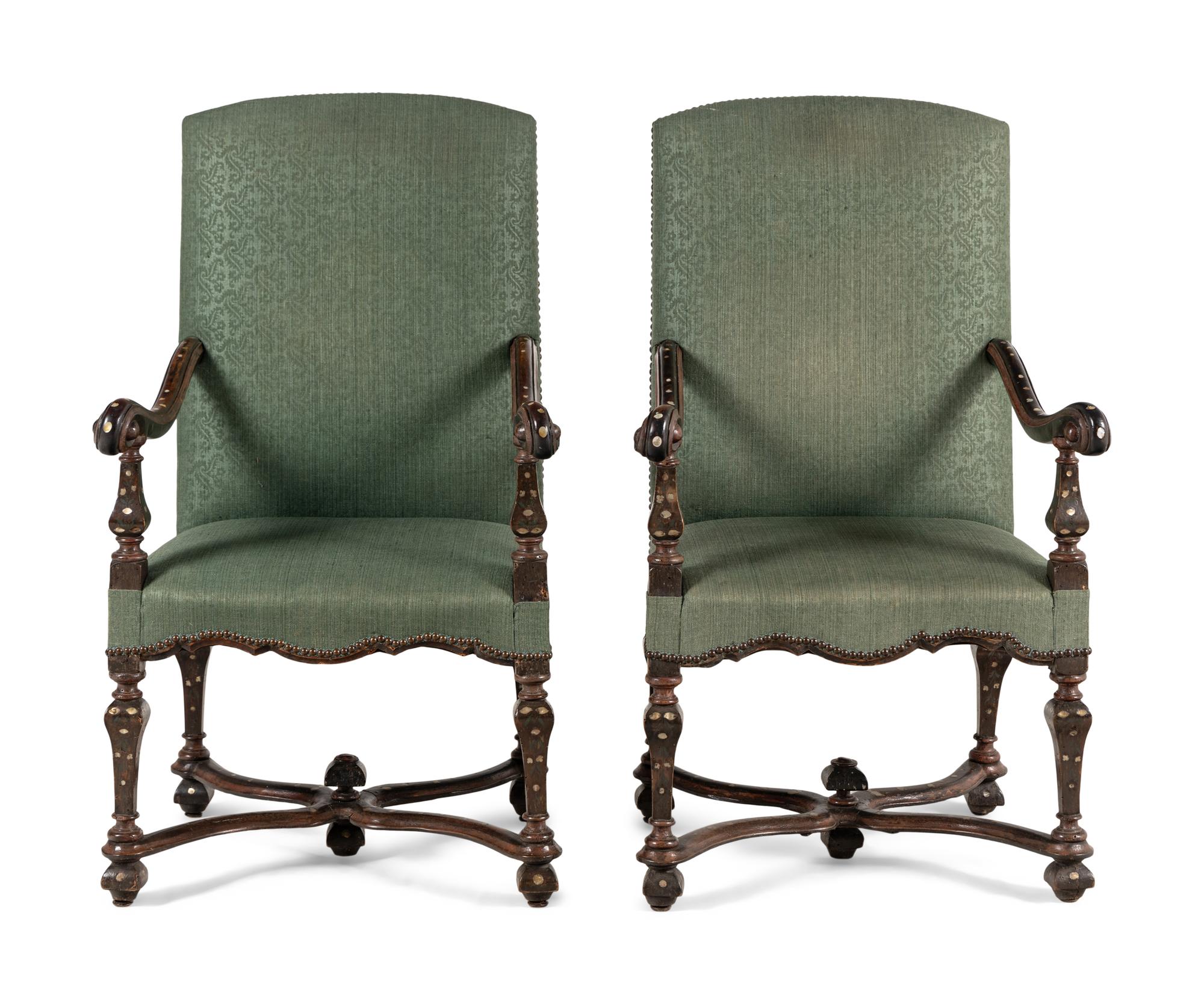 A Pair of Louis XIV Walnut and Shell-Inlaid Fauteuils