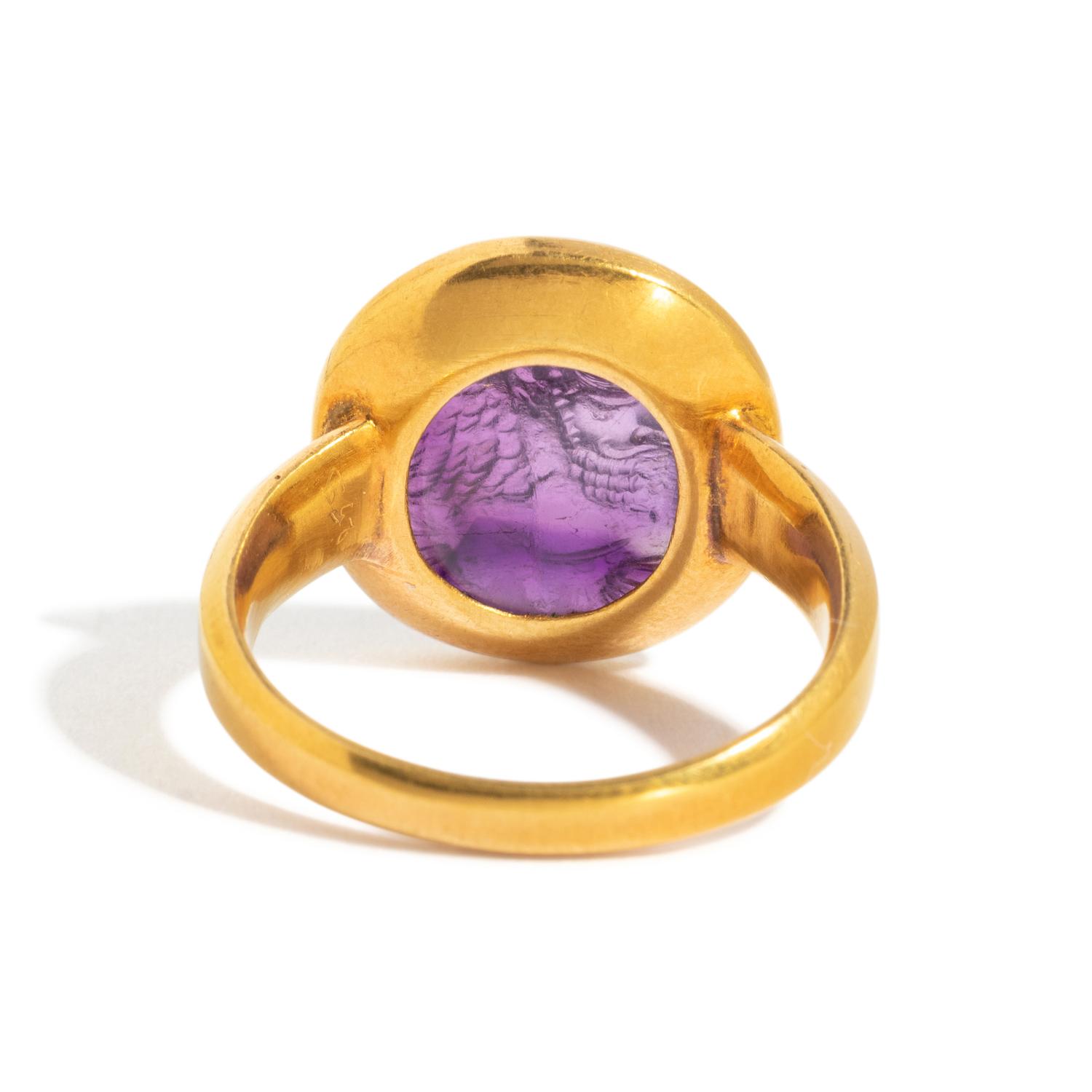 A Sasanian Amethyst Ring Stone with a Royal Portrait and Pahlavi Inscription — Set in a gold ring