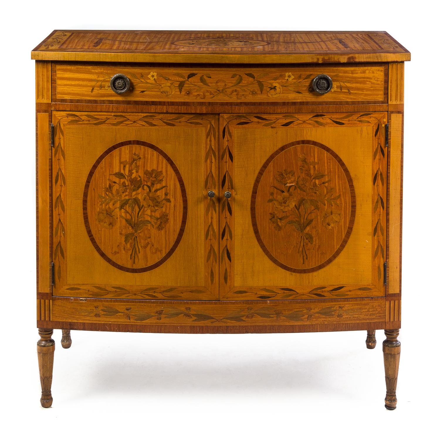 An Edwardian Marquetry Bowfront Cabinet Height 40 x width 41 x depth 21 inches. — 19TH/20TH CENTURY