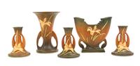 Five Roseville Zephyr Lily Pottery Articles Height of tallest 7 1/2 inches.