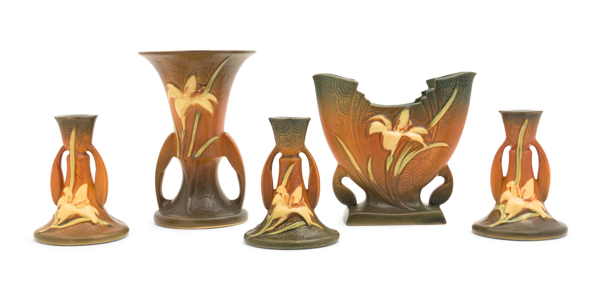 Five Roseville Zephyr Lily Pottery Articles Height of tallest 7 1/2 inches.