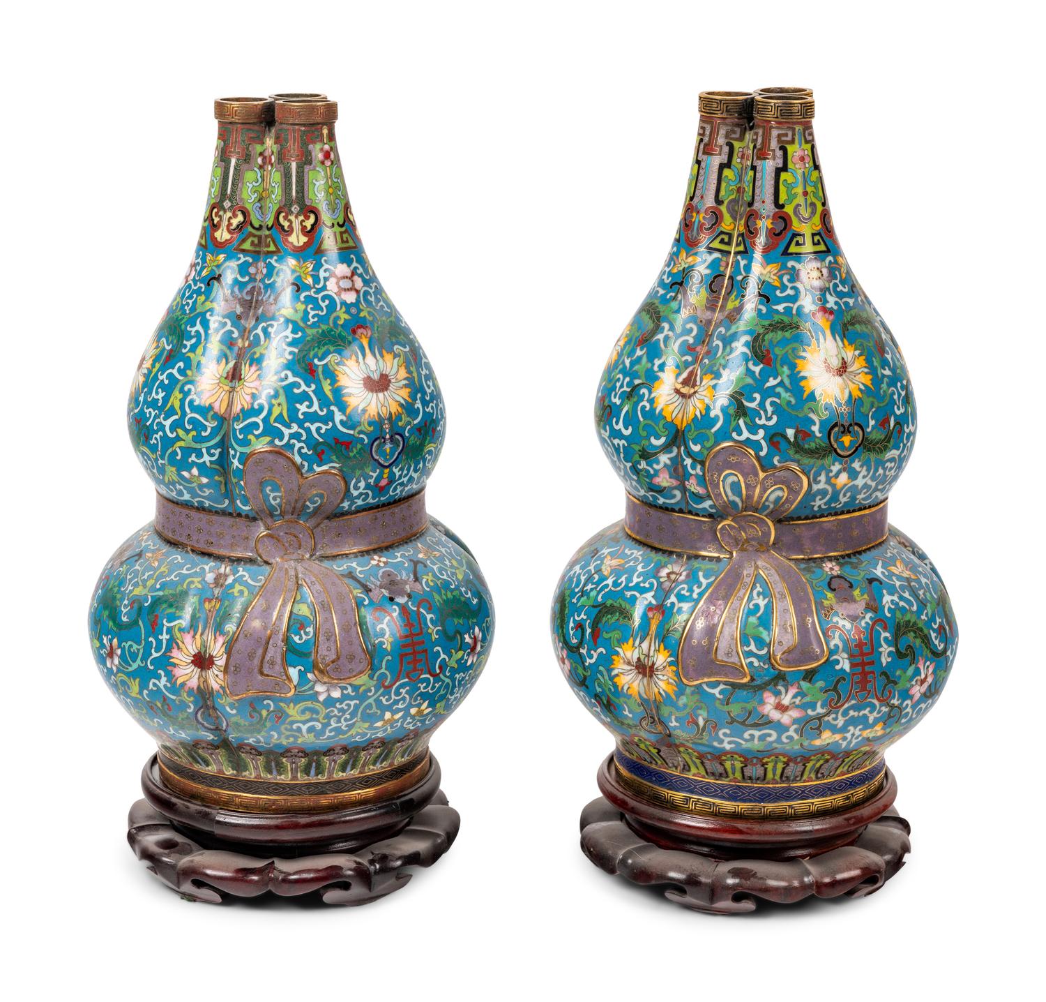 A Pair of Chinese Cloisonné Enamel 'Gourd' Vases
