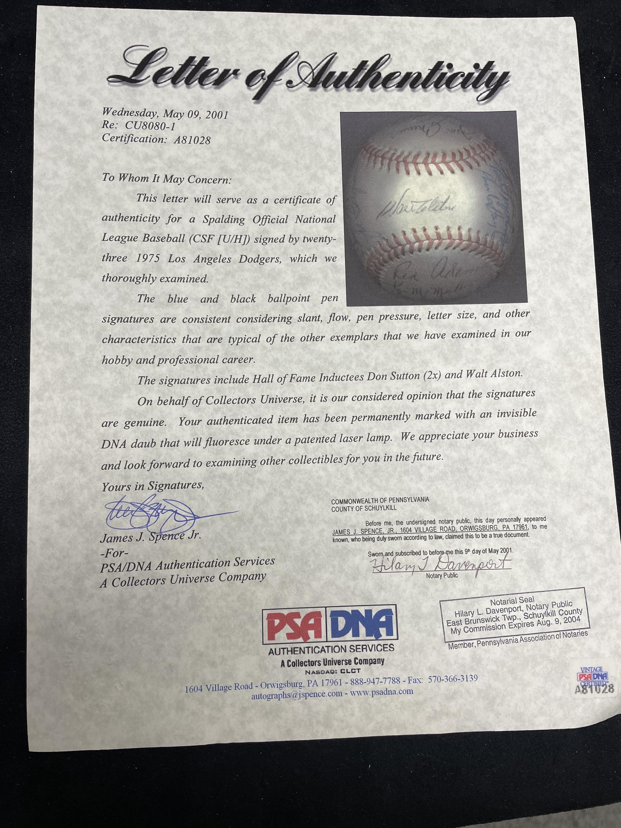 A 1975 Los Angeles Dodgers Team Signed Autograph Baseball (PSA Letter of Authenticity)