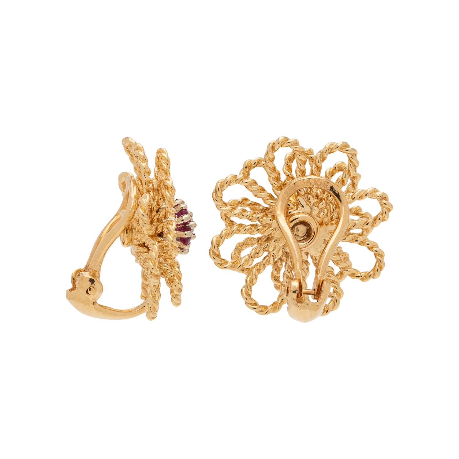 YELLOW GOLD, RUBY AND DIAMOND FLOWER MOTIF EARCLIPS