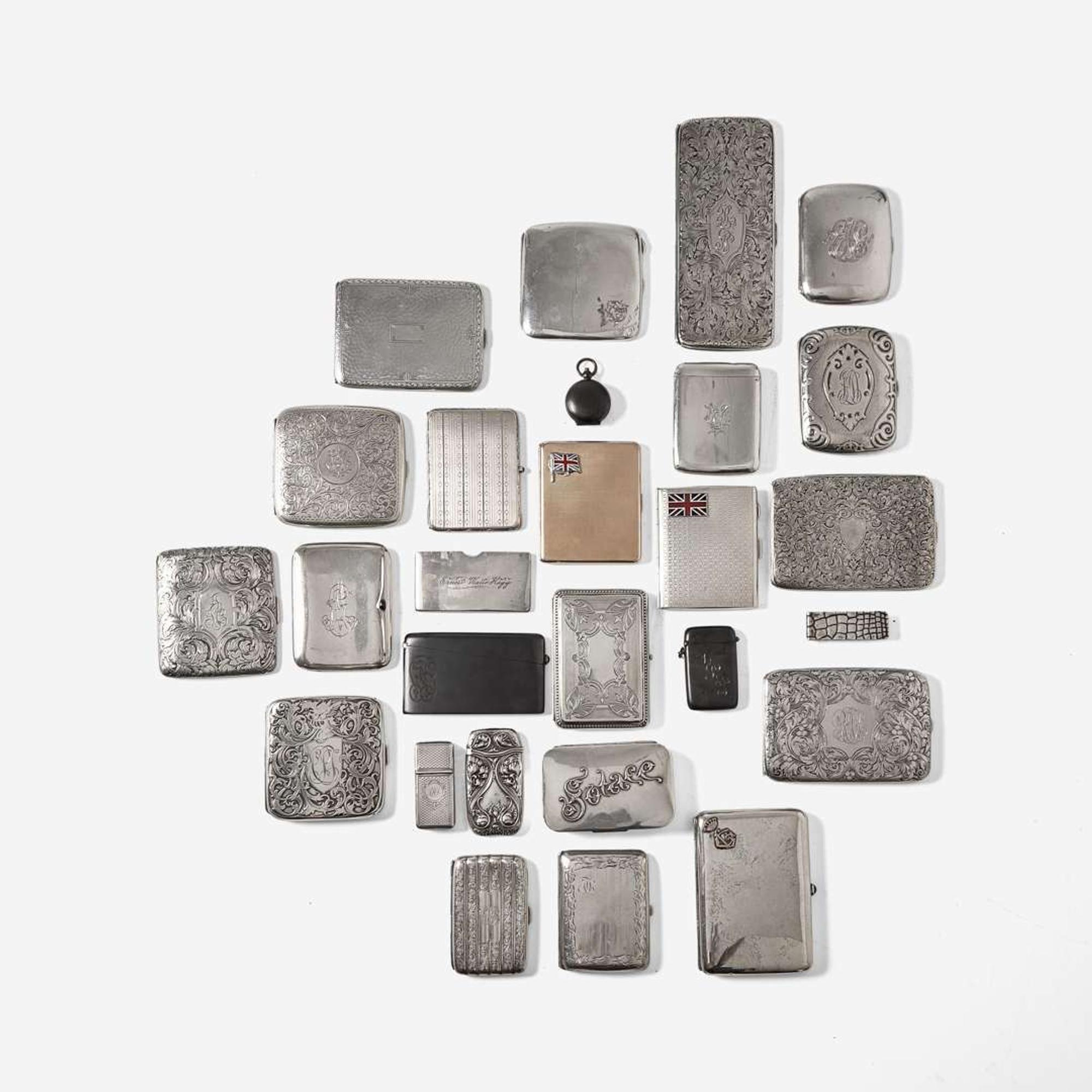 A collection of twenty-one silver and gold cigarette / tobacco, match, and card cases English and American, various makers, various dates ranging from the late 19th to early 20th century