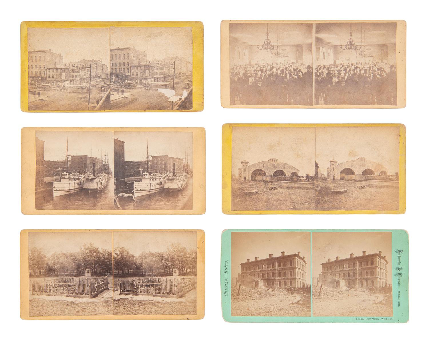 [EARLY PHOTOGRAPHY]. 33 mostly pre-fire stereoviews of Chicago, many by J. CARBUTT.