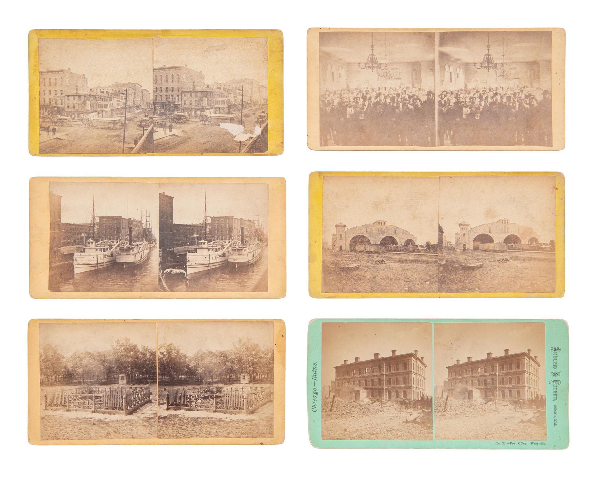 [EARLY PHOTOGRAPHY]. 33 mostly pre-fire stereoviews of Chicago, many by J. CARBUTT.