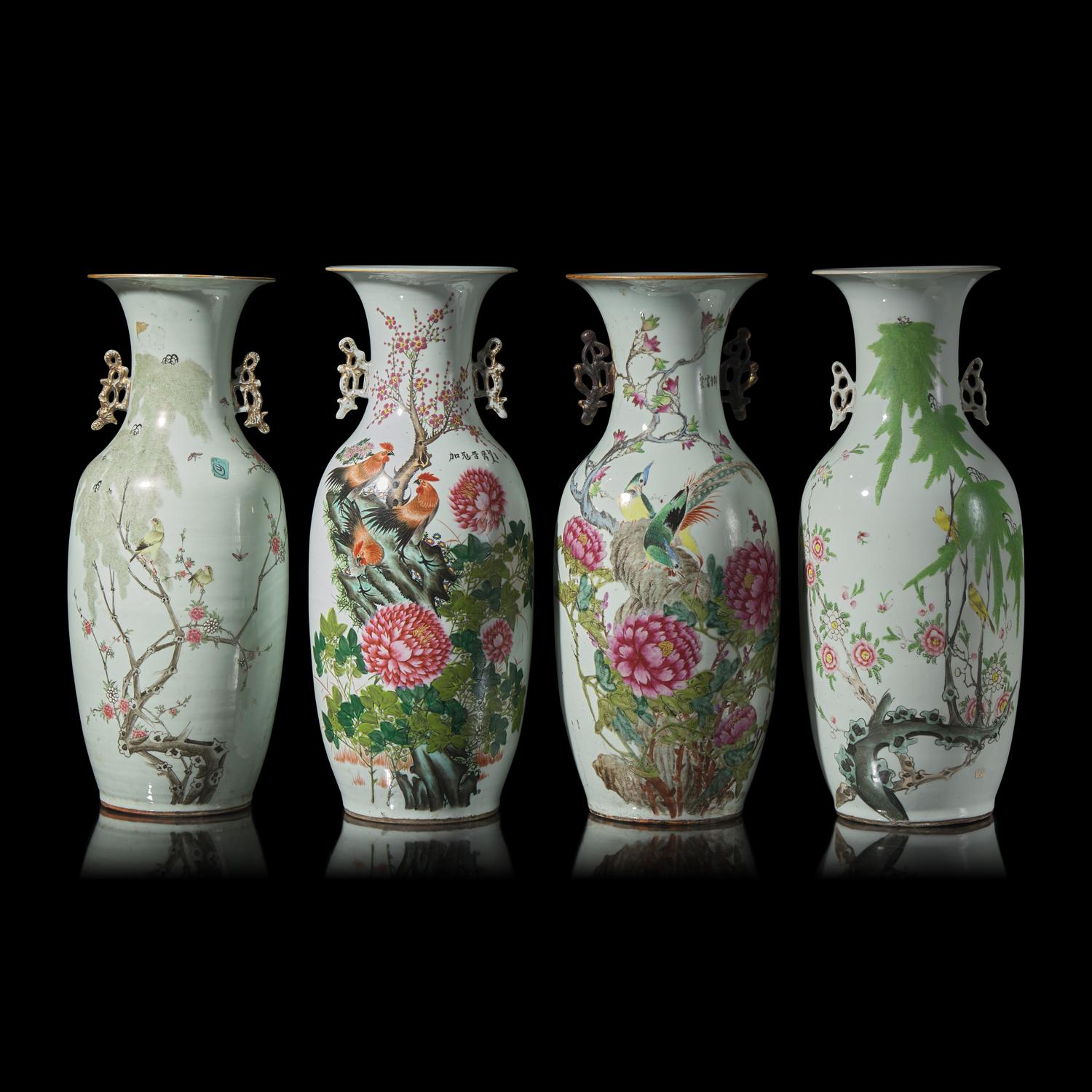 Four Chinese Famille Rose Porcelain 'Bird and Flower' Vases 粉彩花鳥圖賞瓶四件