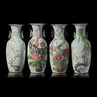 Four Chinese Famille Rose Porcelain 'Bird and Flower' Vases 粉彩花鳥圖賞瓶四件