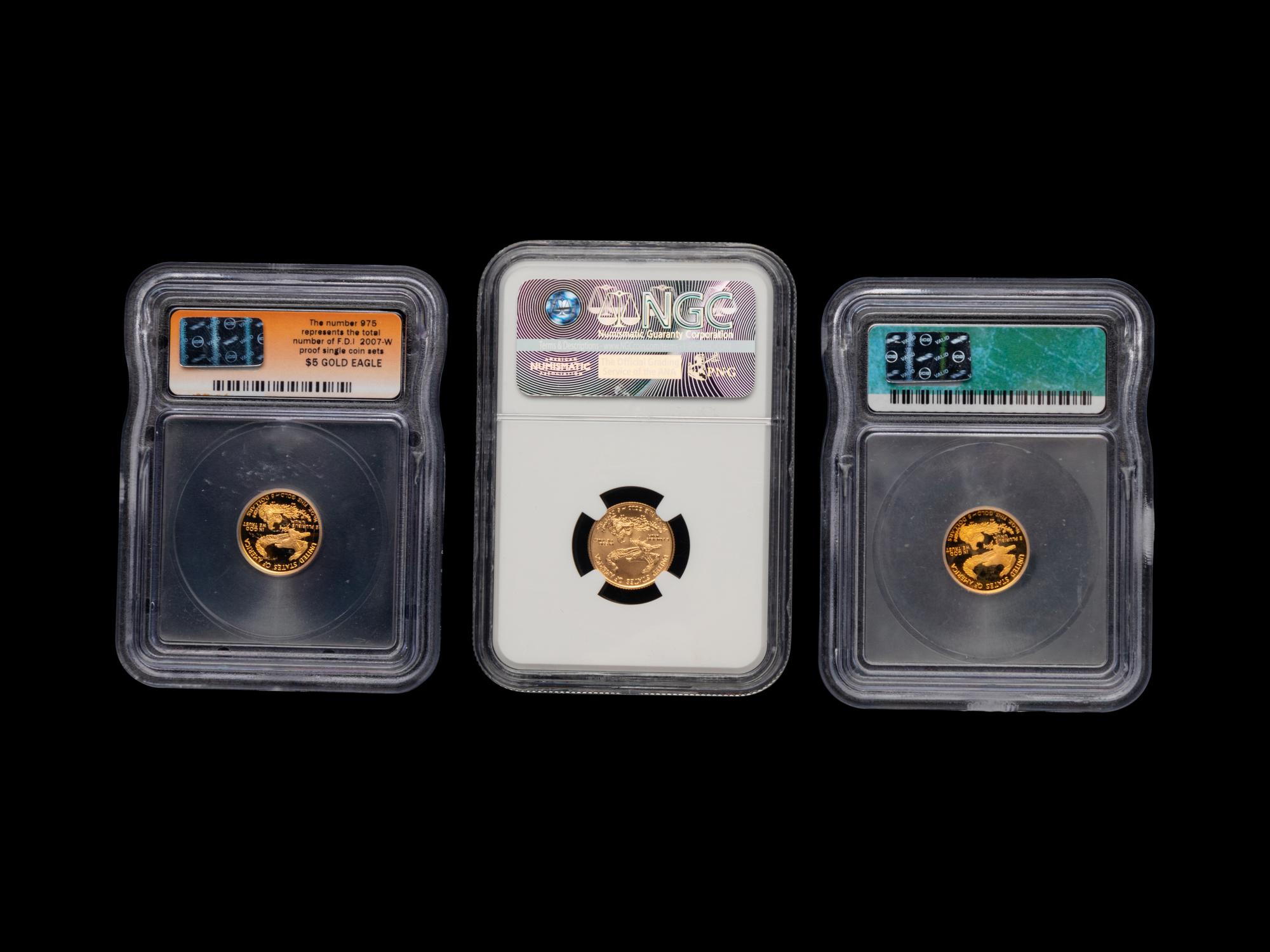 A Group of Three Gold Eagle $5 1/10 oz. Gold Mint and Proof Coins