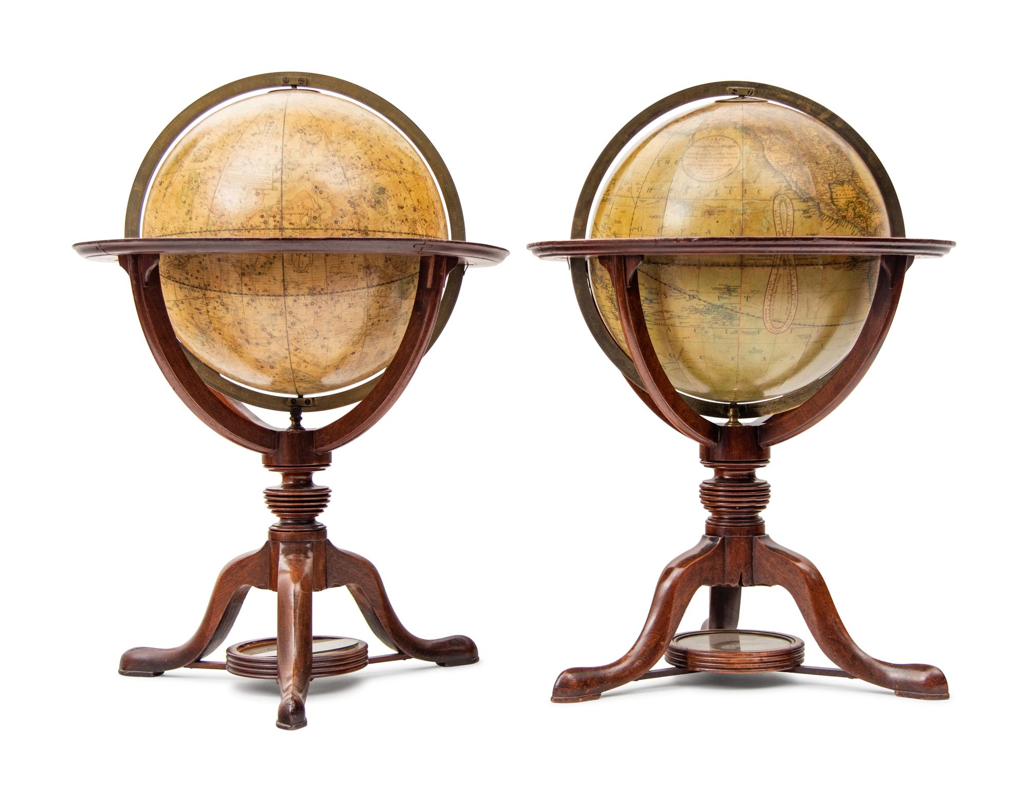 An Associated Pair of English Twelve-Inch Mahogany Celestial and Terrestrial Library Globes