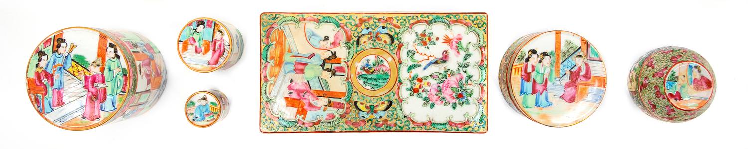 Six Chinese Export Rose Medallion Porcelain Covered Boxes Length of largest 7 1/8 inches. — 19TH-EARLY 20TH CENTURY