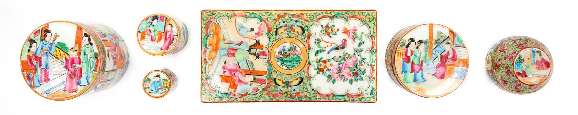 Six Chinese Export Rose Medallion Porcelain Covered Boxes Length of largest 7 1/8 inches. — 19TH-EARLY 20TH CENTURY