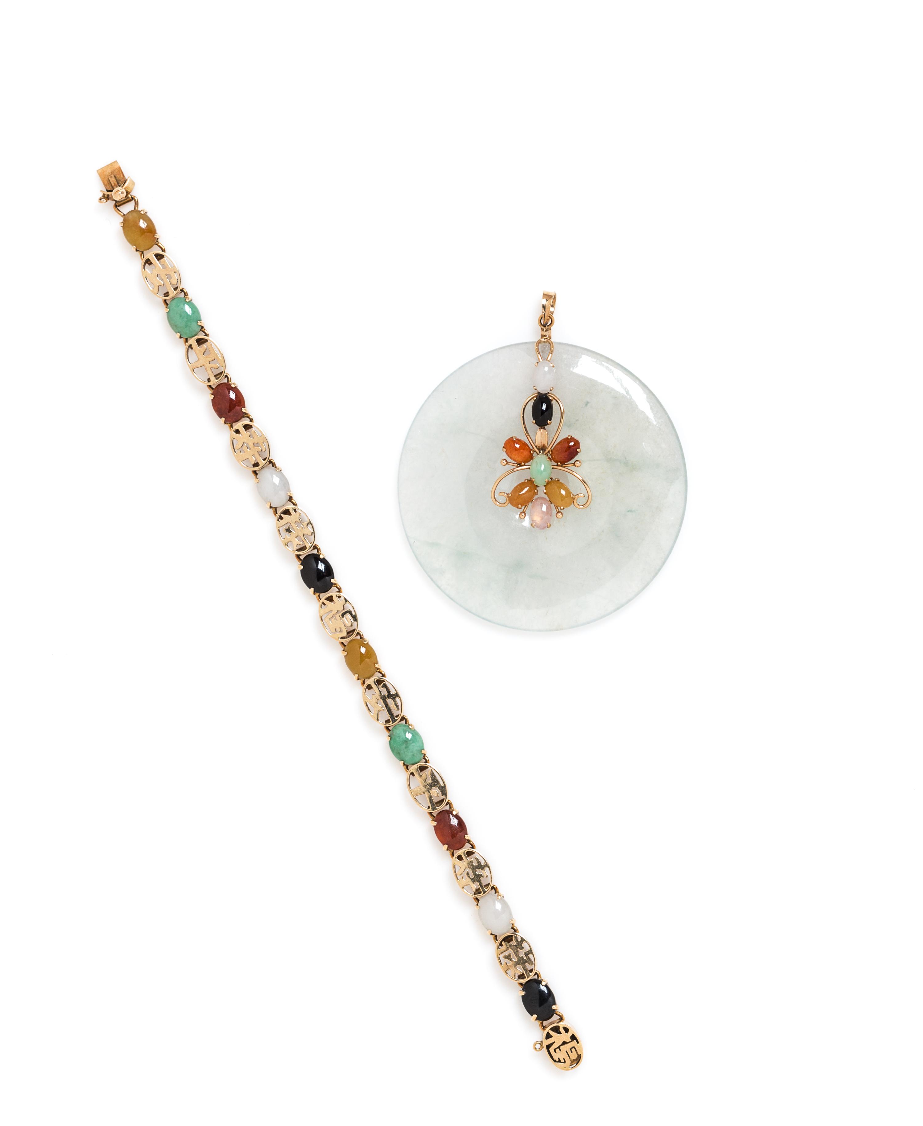 A Collection of 14 Karat Yellow Gold and Jade Jewelry, 28.20 dwts.