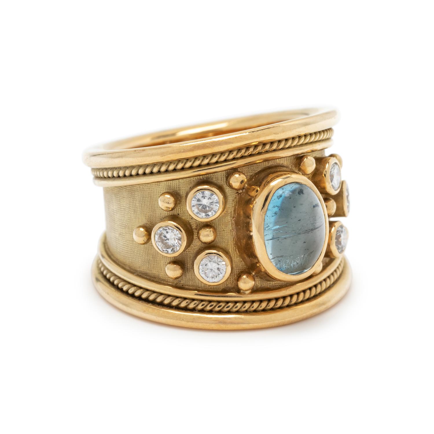 ELIZABETH GAGE, YELLOW GOLD, AQUAMARINE DOUBLET AND DIAMOND RING