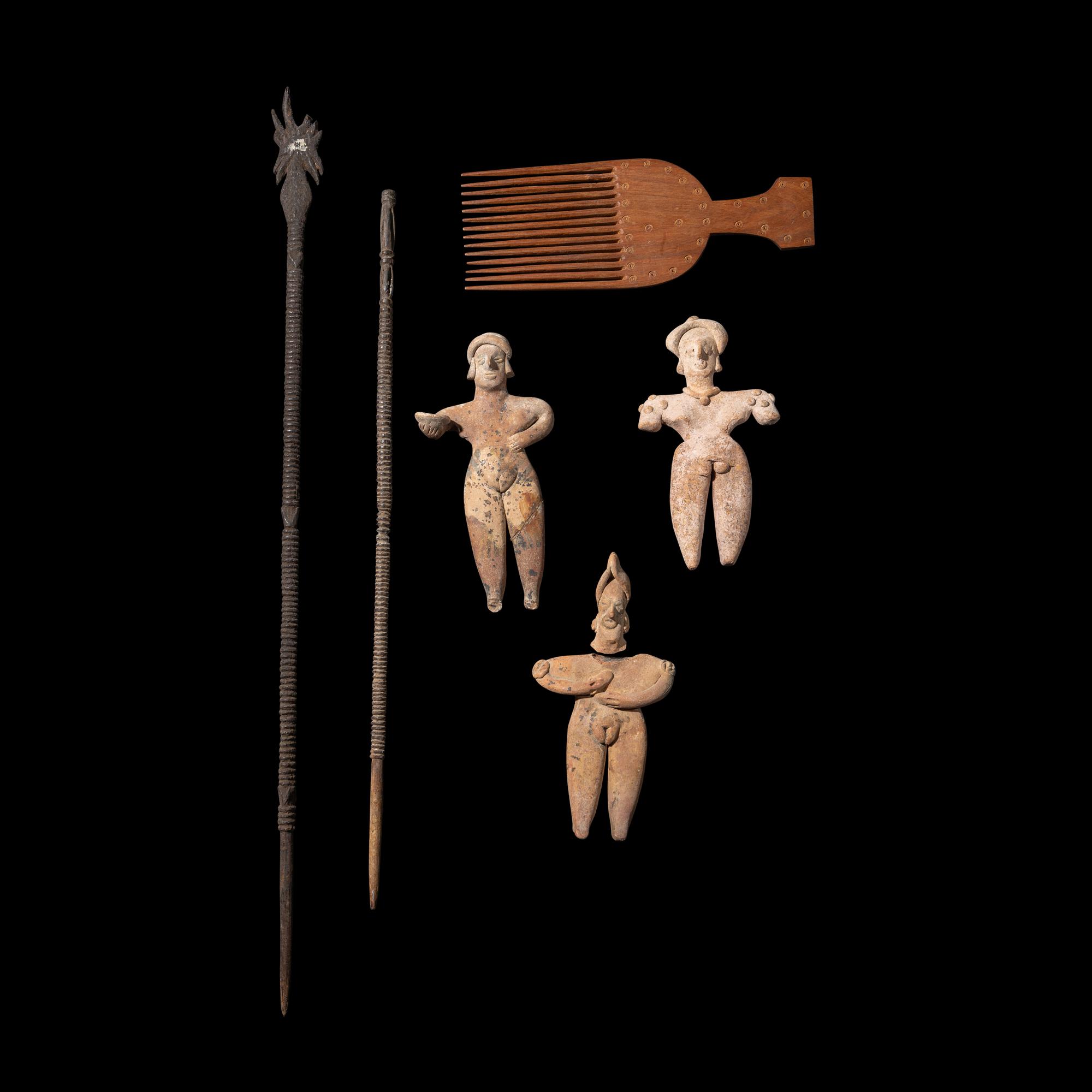 Four Colima Female Figures, Two Akan Wood Spears, and a Wood Comb