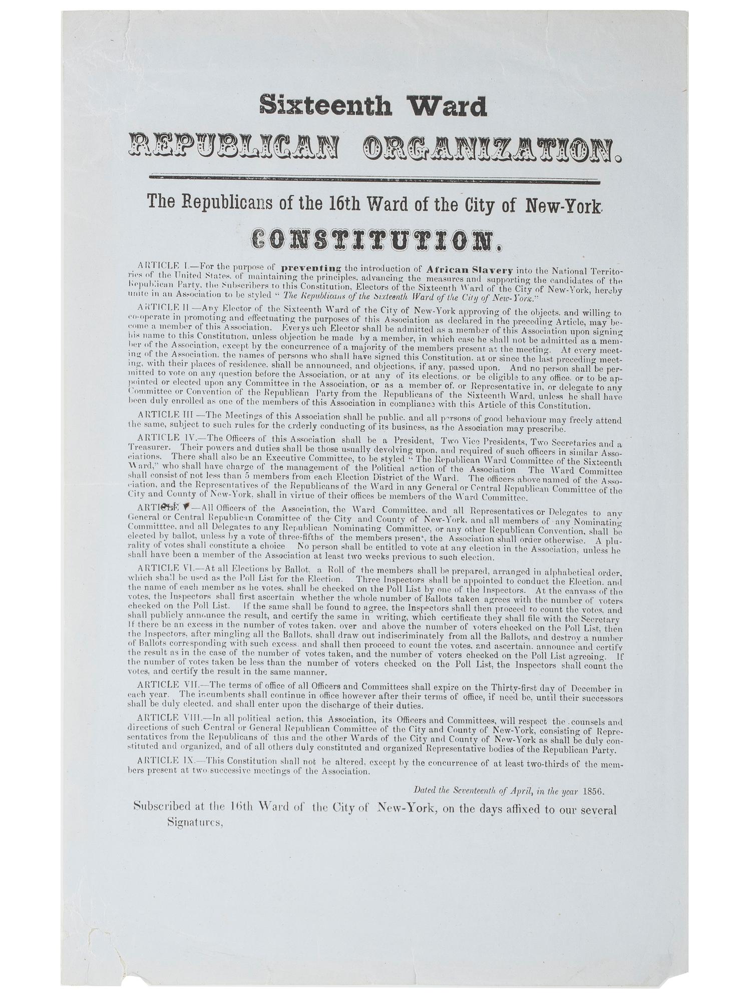 [SLAVERY & ABOLITION]. Sixteenth Ward Republican Organization...Constitution. [New York]: N.p., 1856.