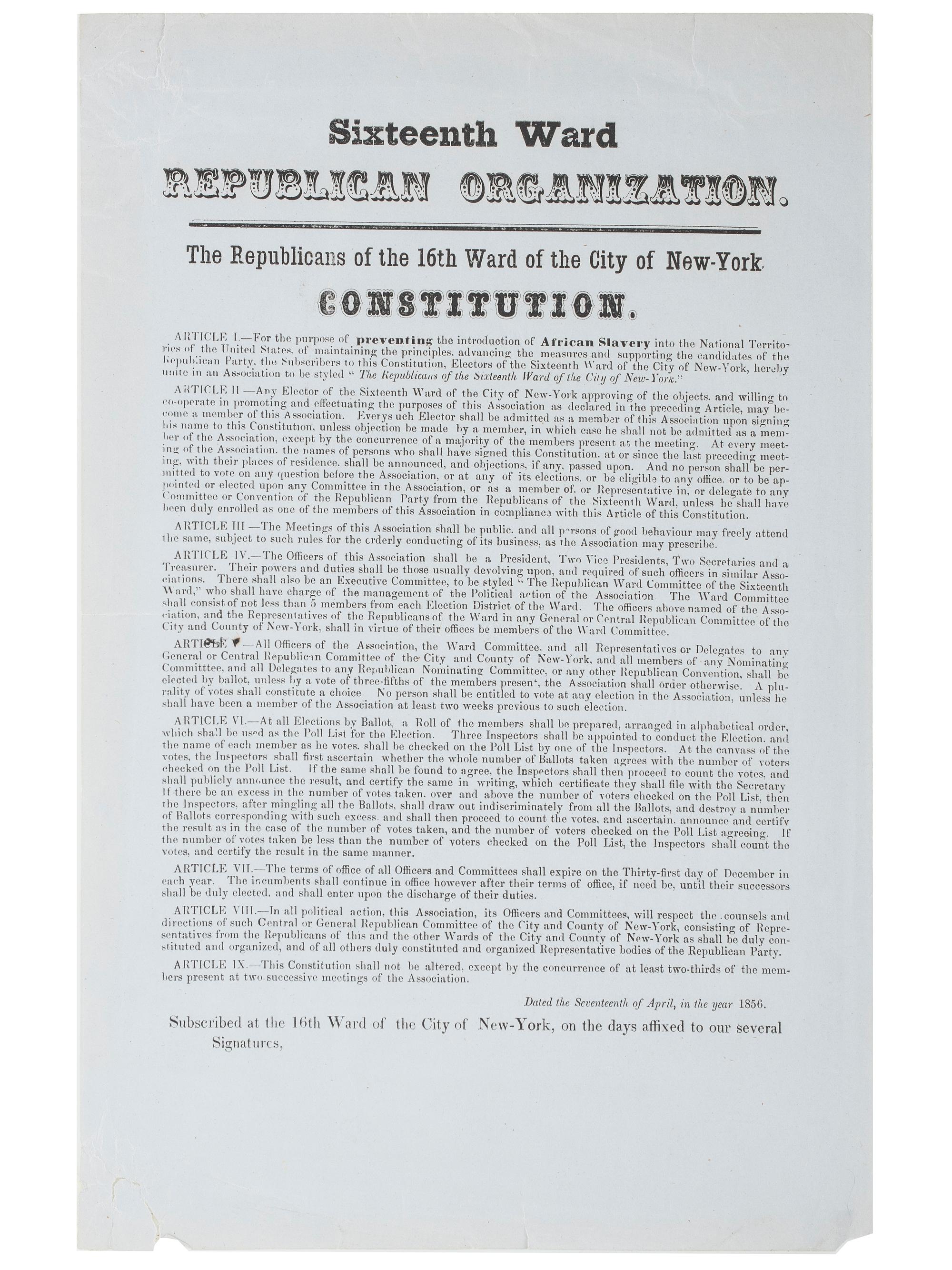 [SLAVERY & ABOLITION]. Sixteenth Ward Republican Organization...Constitution. [New York]: N.p., 1856.
