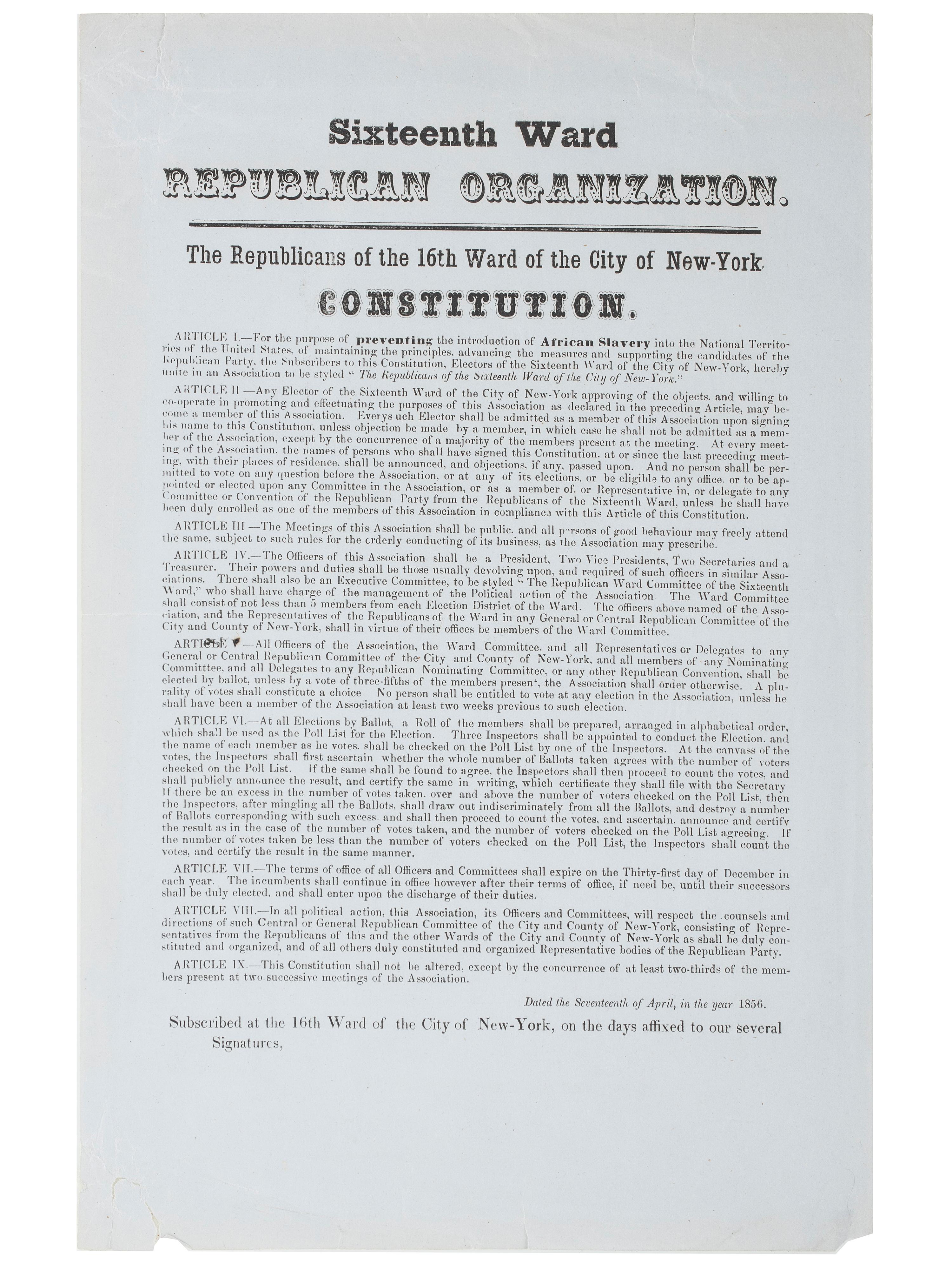 [SLAVERY & ABOLITION]. Sixteenth Ward Republican Organization...Constitution. [New York]: N.p., 1856.