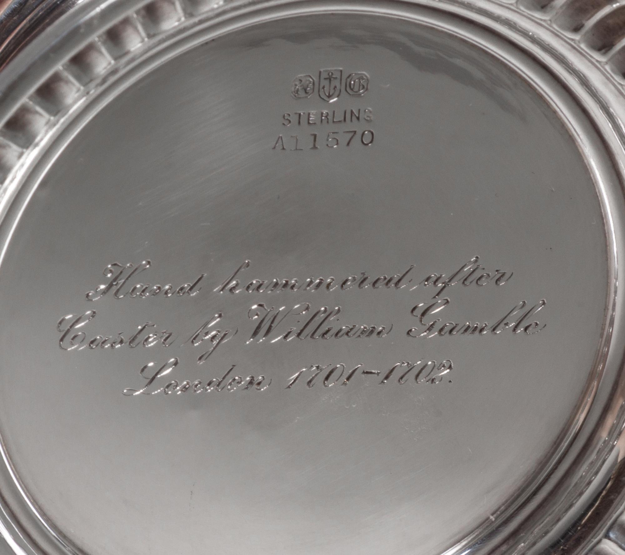 An American Silver Sugar Caster, Gorham Mfg. Co., Providence, RI, 20th Century, after the 1701 William Gamble example.