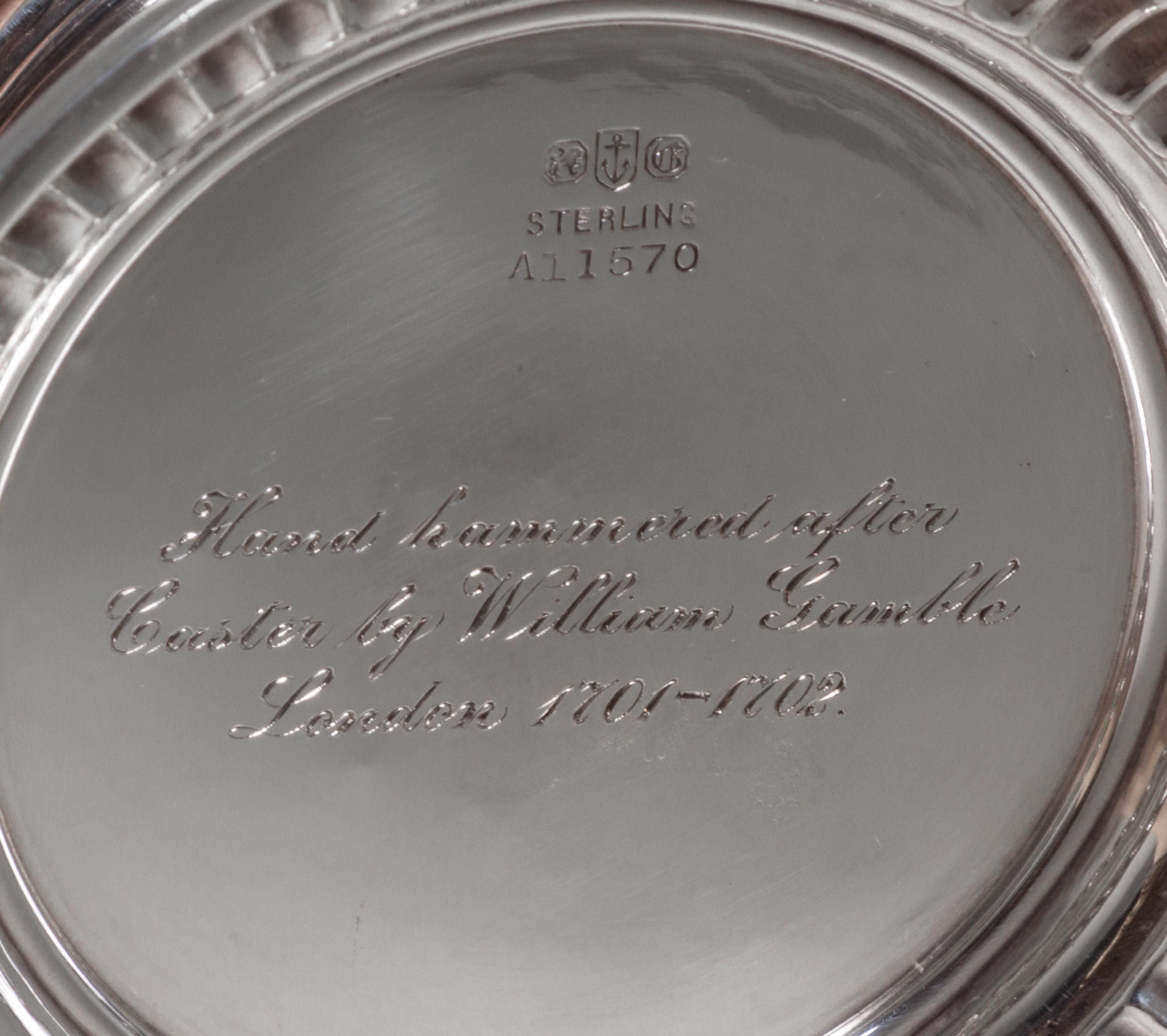 An American Silver Sugar Caster, Gorham Mfg. Co., Providence, RI, 20th Century, after the 1701 William Gamble example.