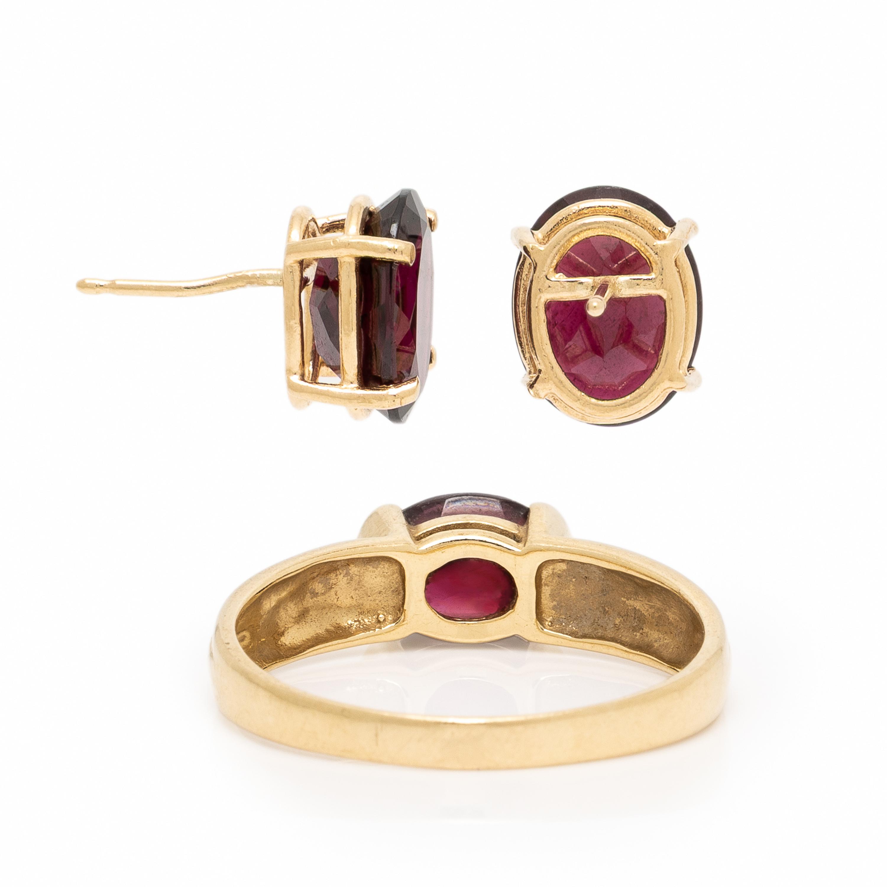Garnet and Yellow Gold Earrings and Ring