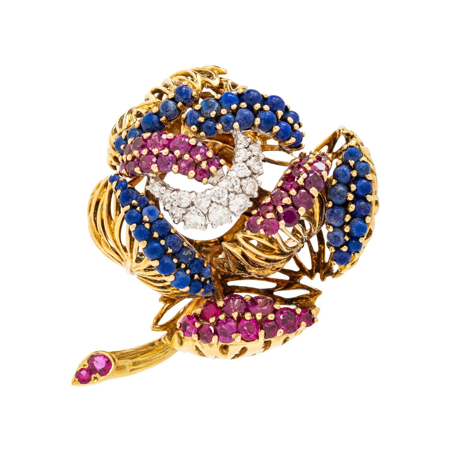 YELLOW GOLD, LAPIS LAZULI, RUBY AND DIAMOND FLOWER BROOCH