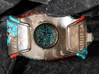 Silver and Mosaic Inlay Cuff Bracelet, with Swivel Stone