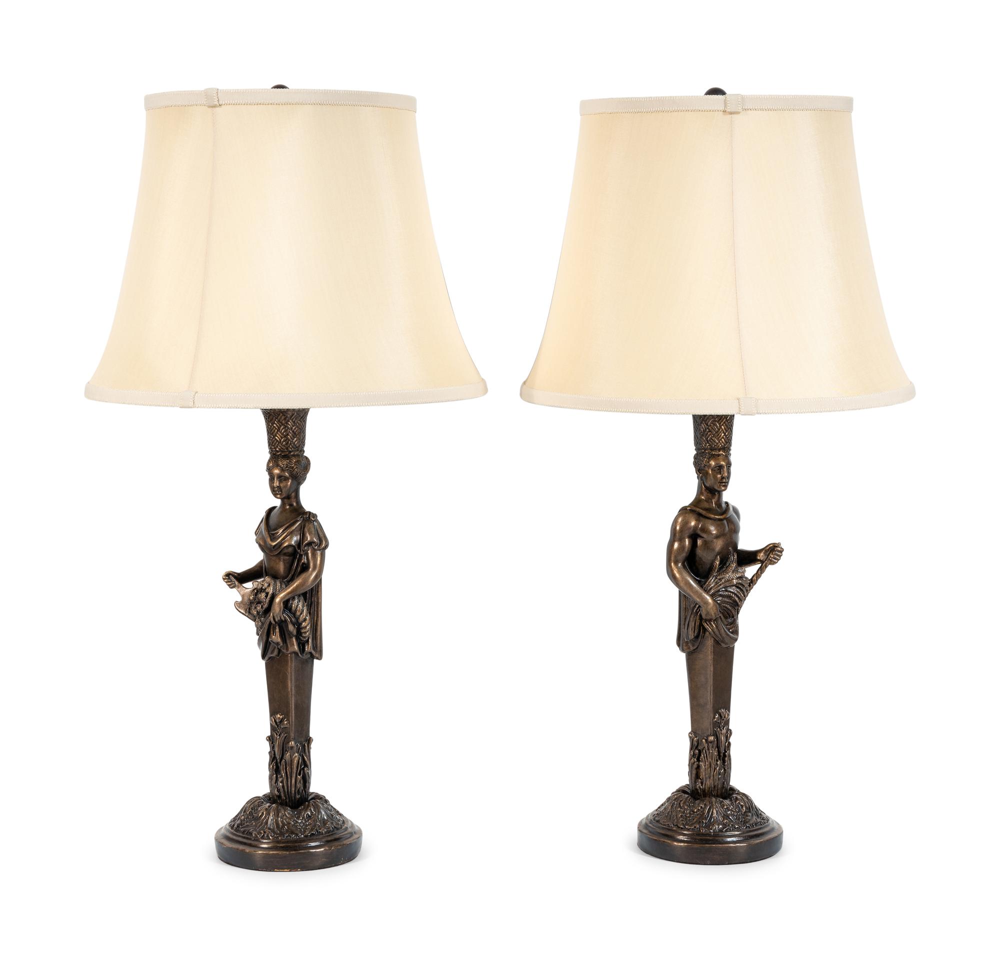 A Pair of Neoclassical Style Bronzed Plaster Herm Lamps