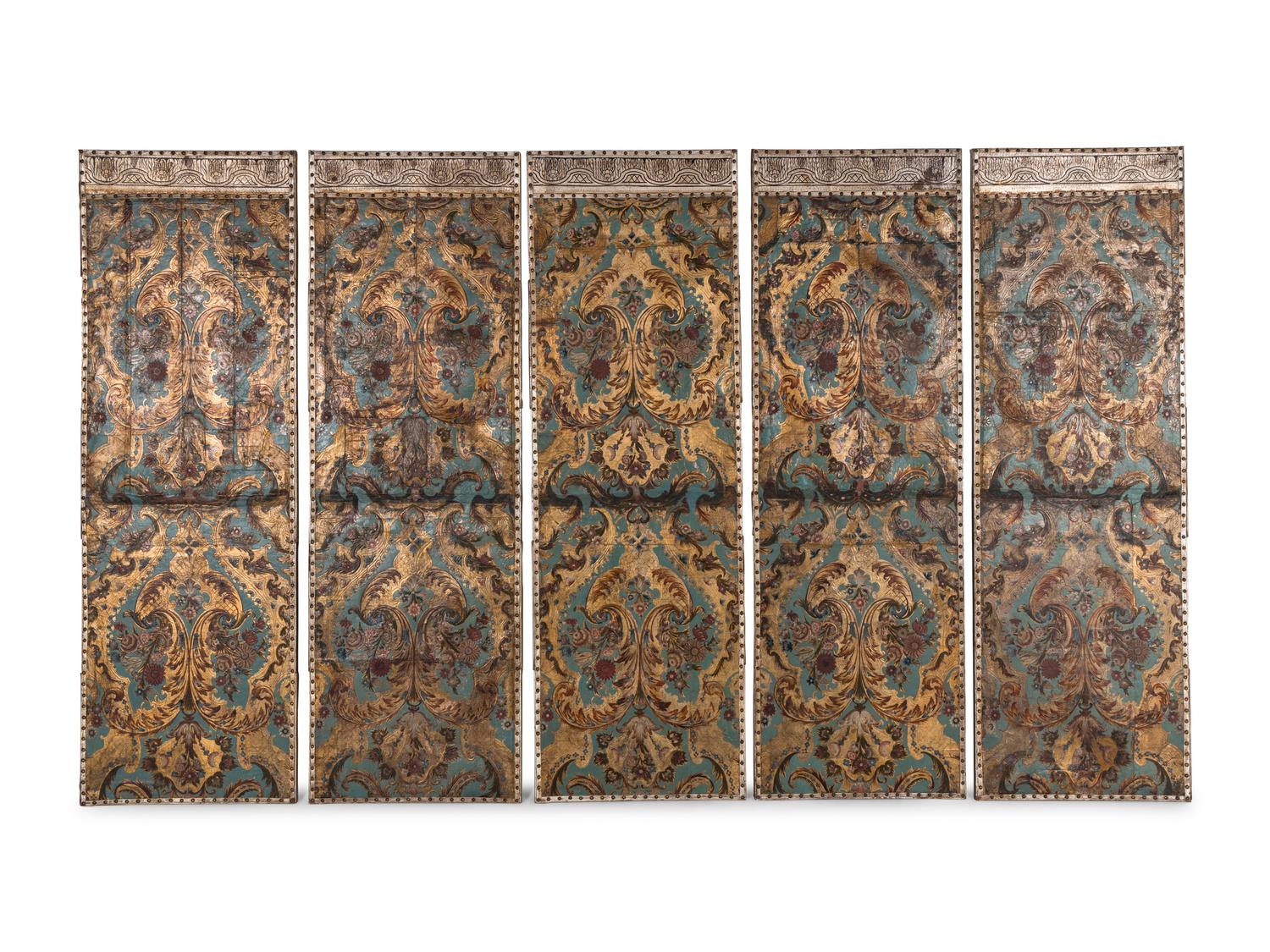 A Set of Five Continental Painted Leather Panels
