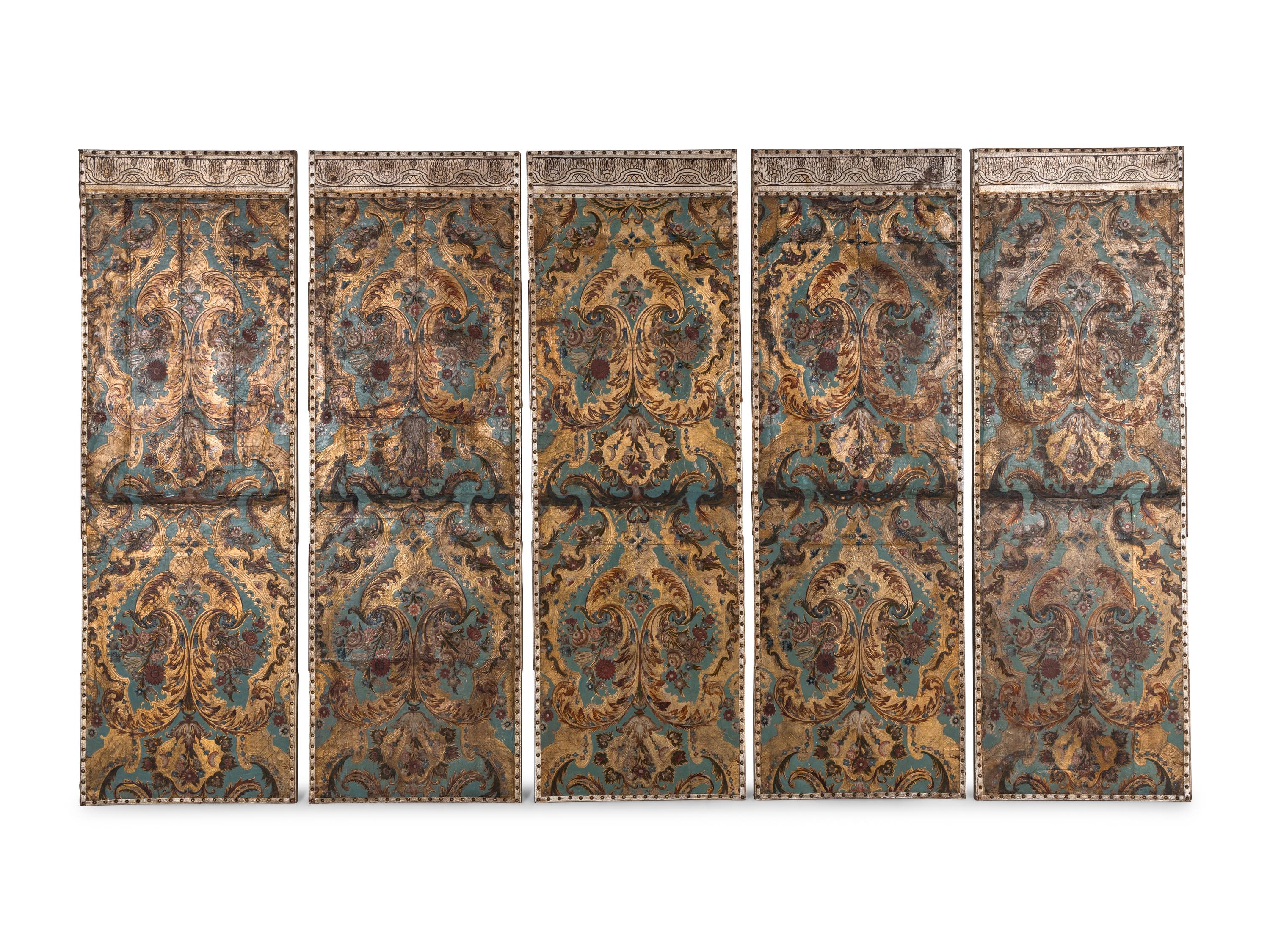 A Set of Five Continental Painted Leather Panels