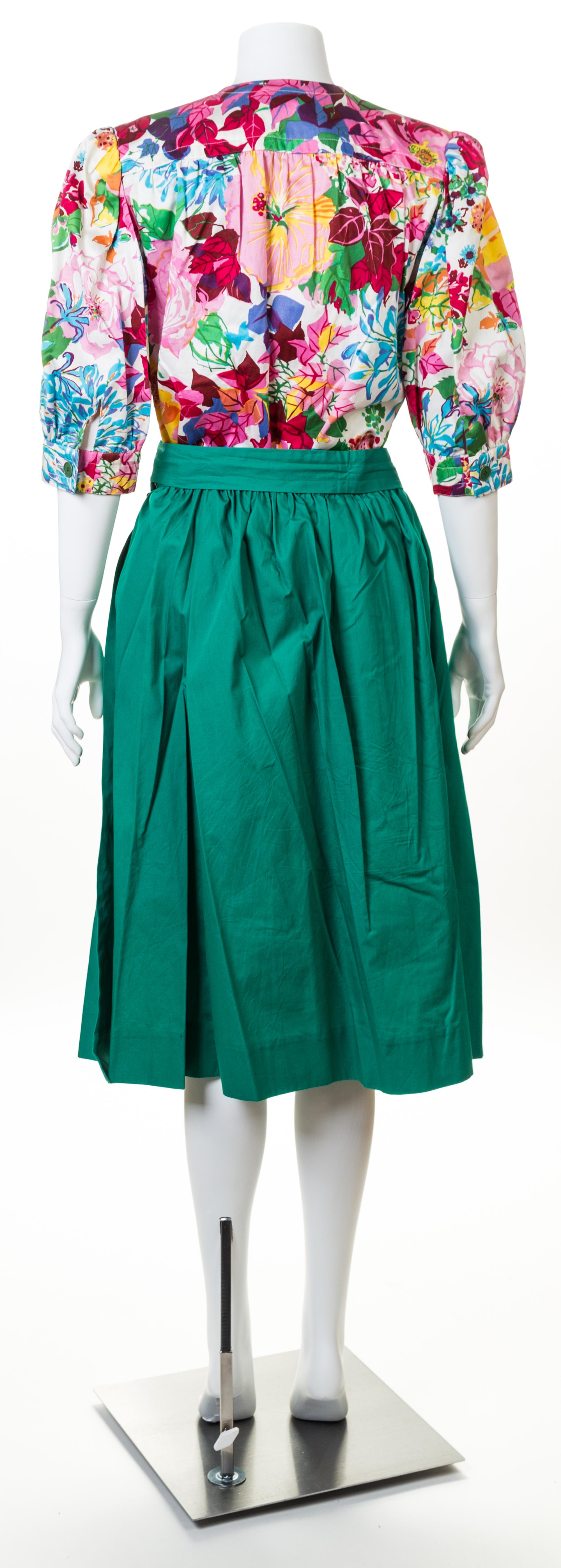 A Givenchy Multicolor Cotton Floral Top and Green Skirt Set, Top no size; Skirt size 42; Belt: 71" x 2".