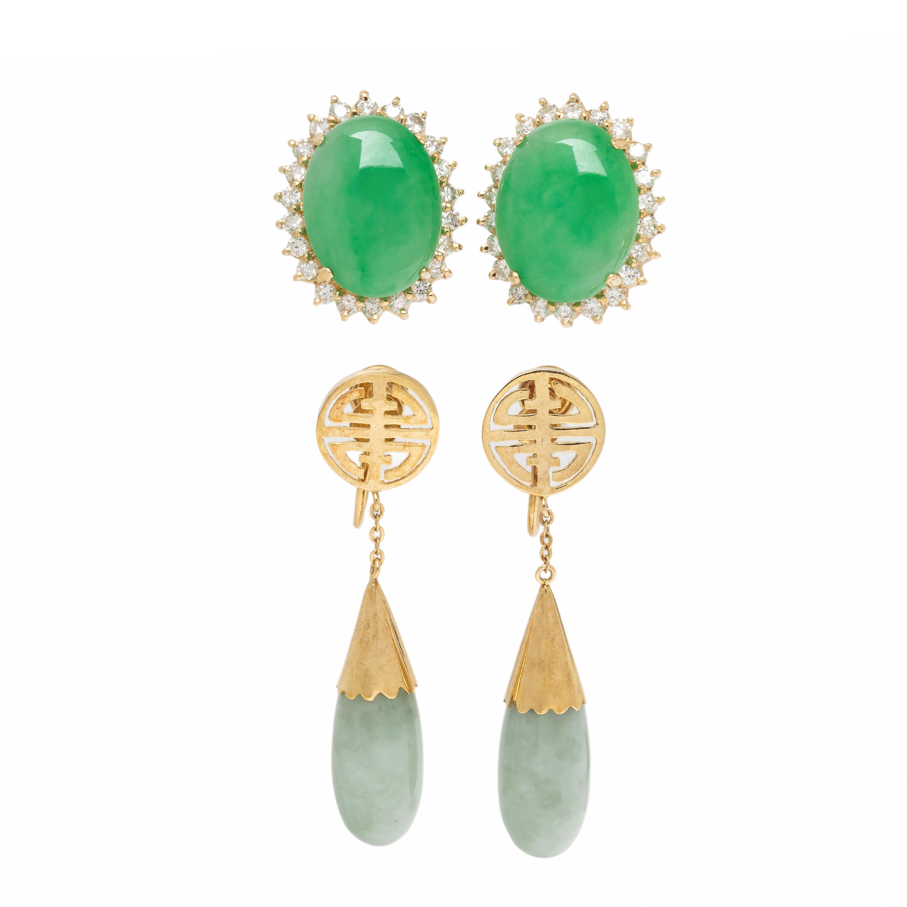 Two Pairs of Jade and Yellow Gold Earrings