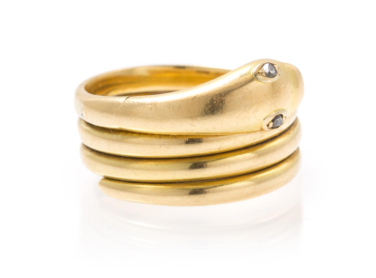 A Yellow Gold and Moissanite Snake Ring, 8.70 dwts.