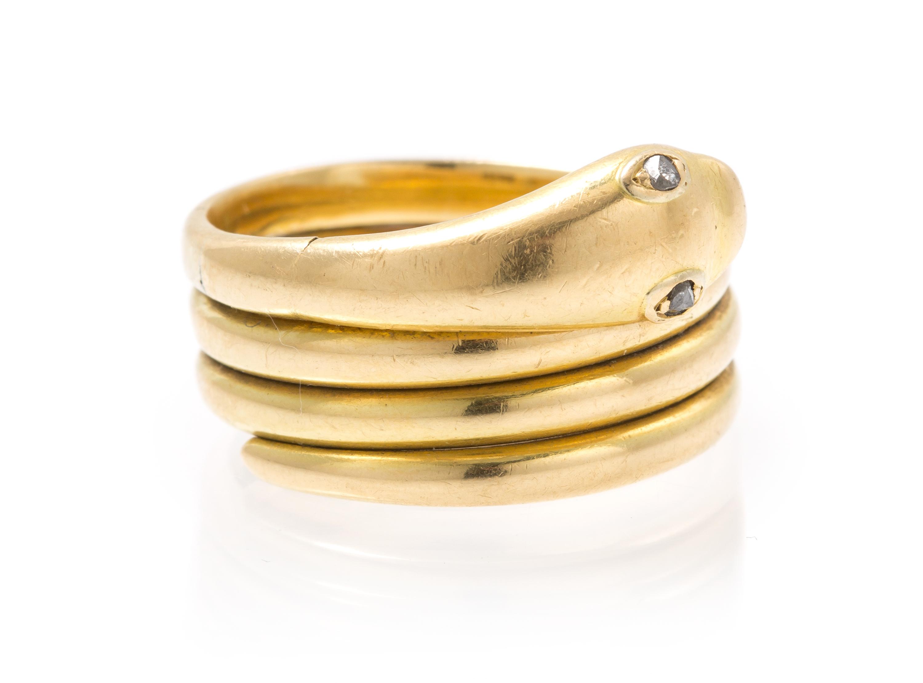 A Yellow Gold and Moissanite Snake Ring, 8.70 dwts.