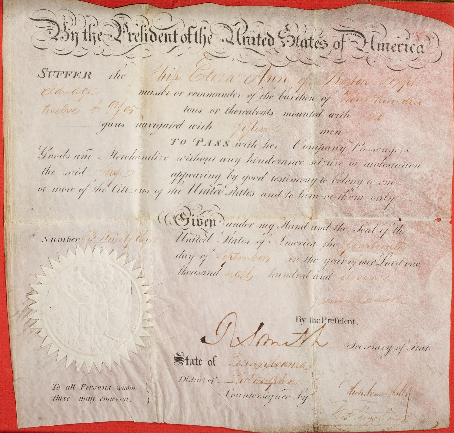 MADISON, James (1751-1836). Partially printed appointment signed ("James Madison"), as President of the United States. [Washington, D.C.?], 14 September 1811.