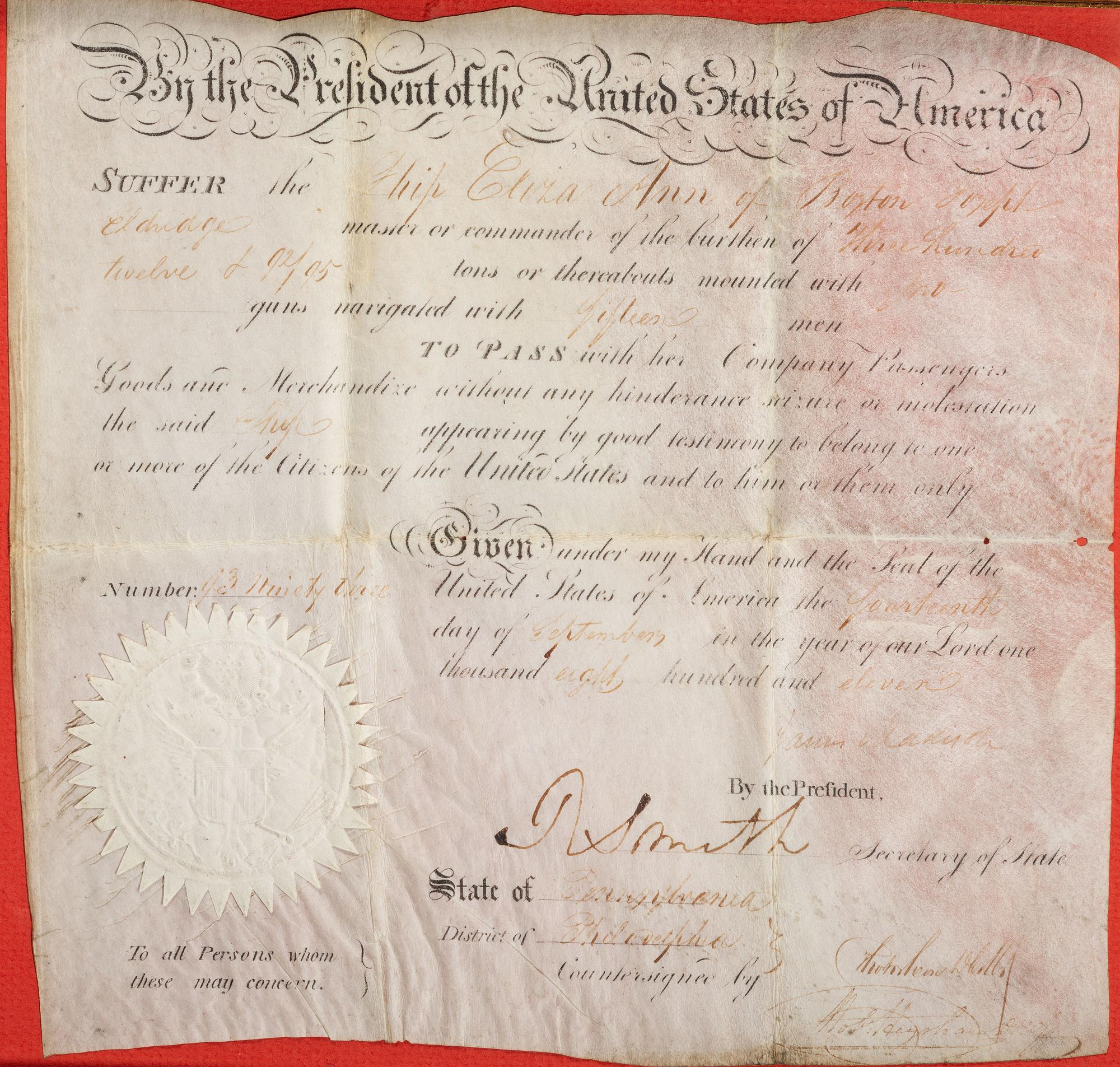 MADISON, James (1751-1836). Partially printed appointment signed ("James Madison"), as President of the United States. [Washington, D.C.?], 14 September 1811.