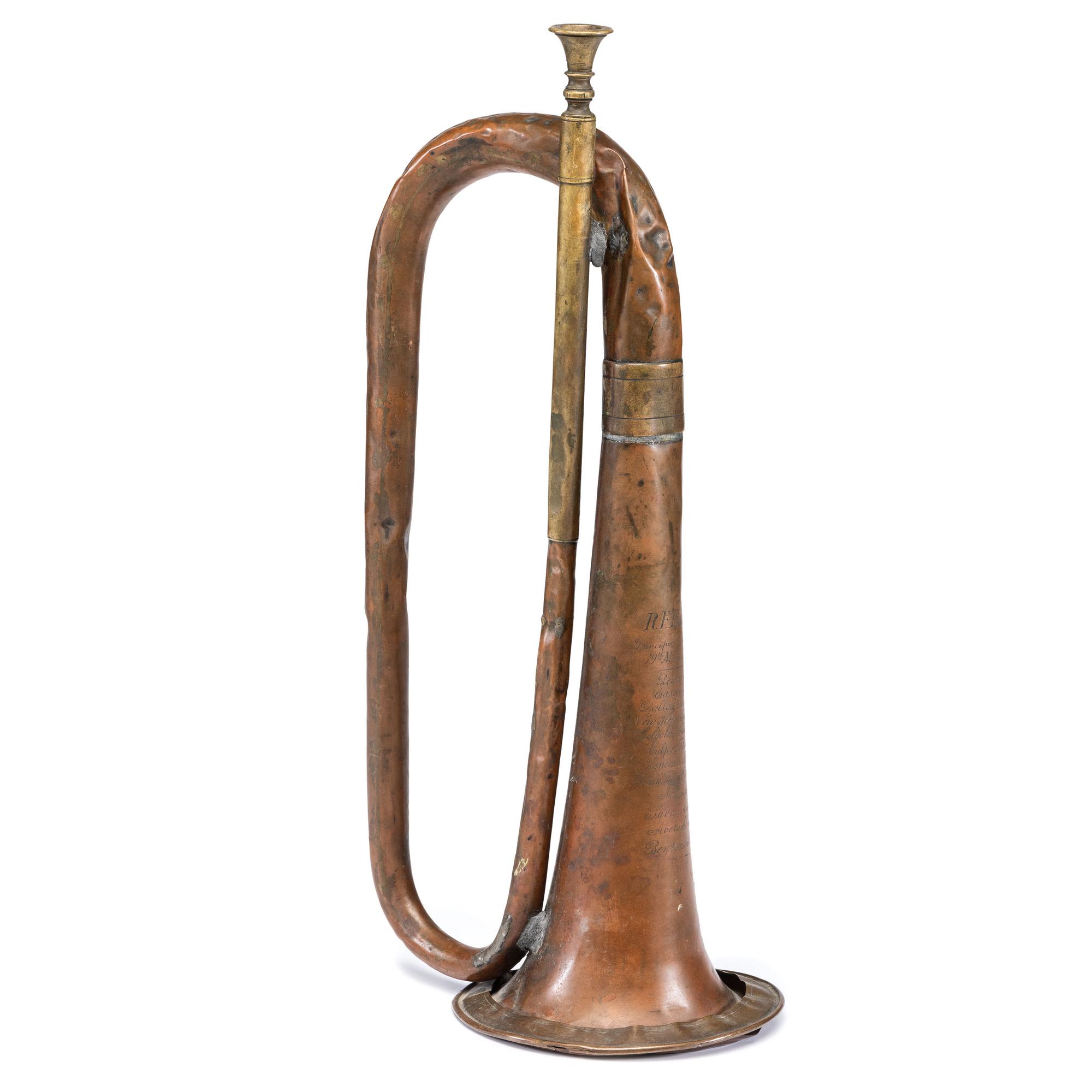 Richmond F. Parker, Principal Musician, Company C, 19th Michigan Infantry, US Army regulation bugle engraved with battle honors.
