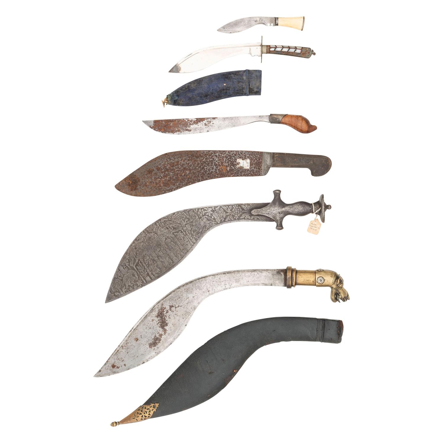 Lot of 6 Kukri Daggers Including One with Hippo Head Hilt
