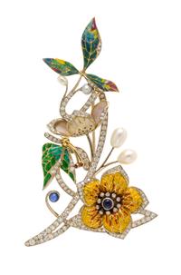 A Yellow Gold, Diamond, Sapphire, Cultured Pearl and Polychrome Enamel Brooch, 23.90 dwts.